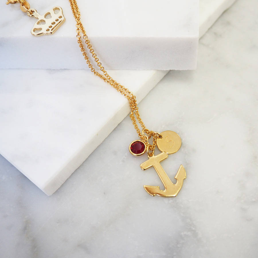 P Personalised Anchor Birthstone Charm Necklace By Personalised UK Name
