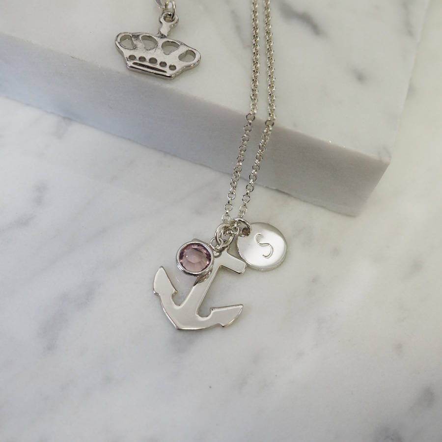 P Personalised Anchor Birthstone Charm Necklace By Anna Lou of London