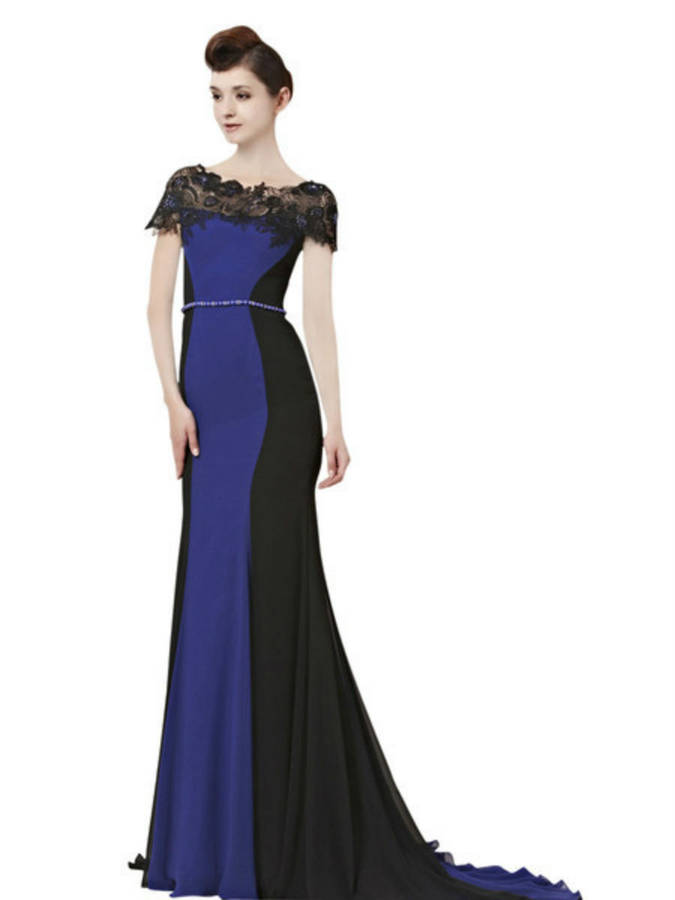 Inna In Black And Blue Evening Dress With Lace Neckline By Elliot Inna In Black And Blue Evening Dress With Lace Neckline