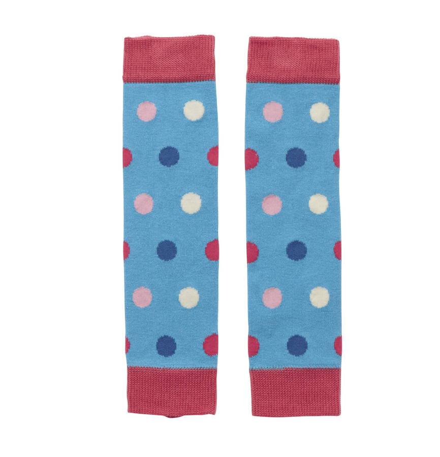 baby leg warmers peacock blue multi spot by piccalilly
