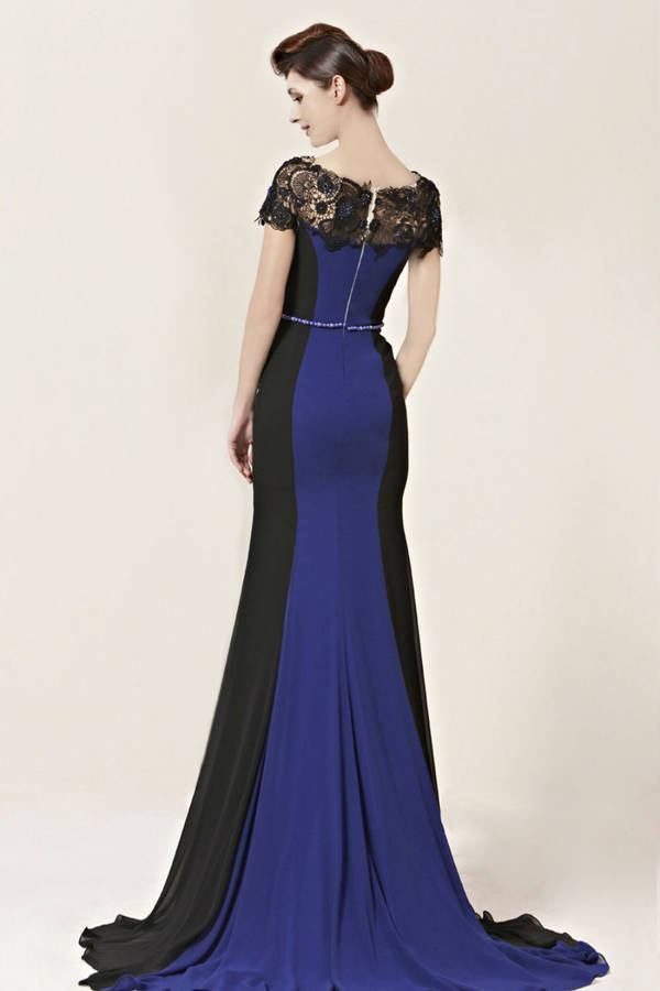 Inna In Black And Blue Evening Dress With Lace Neckline By Elliot ...