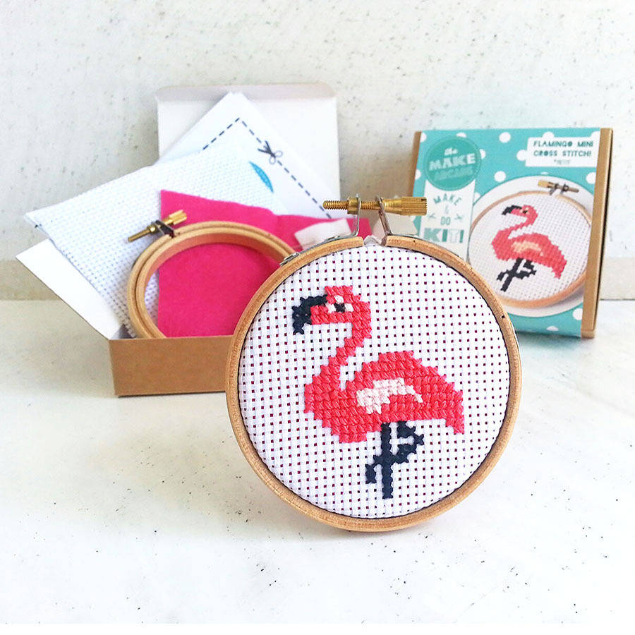 flamingo mini cross stitch craft kit by the make arcade
