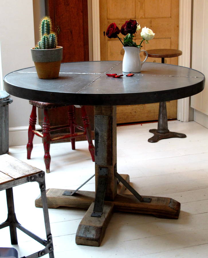 Round Zinc Topped Table On Aged Oak Pedestal By Quirky Interiors