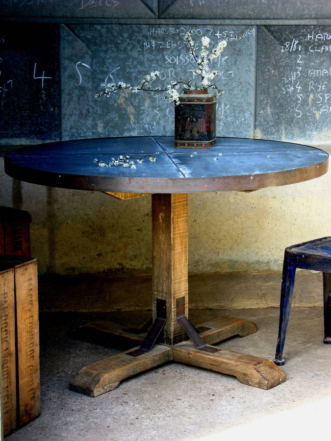 Round Zinc Topped Table On Aged Oak Pedestal By Quirky Interiors