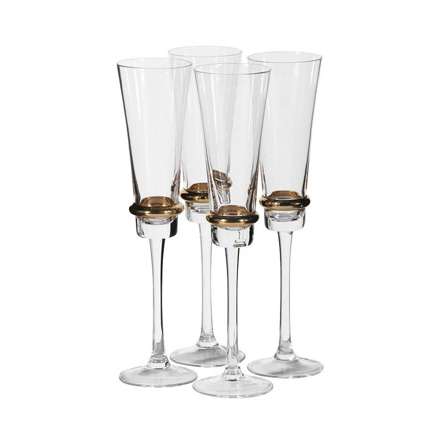 set of four elegant champagne glasses with gold bands by dibor