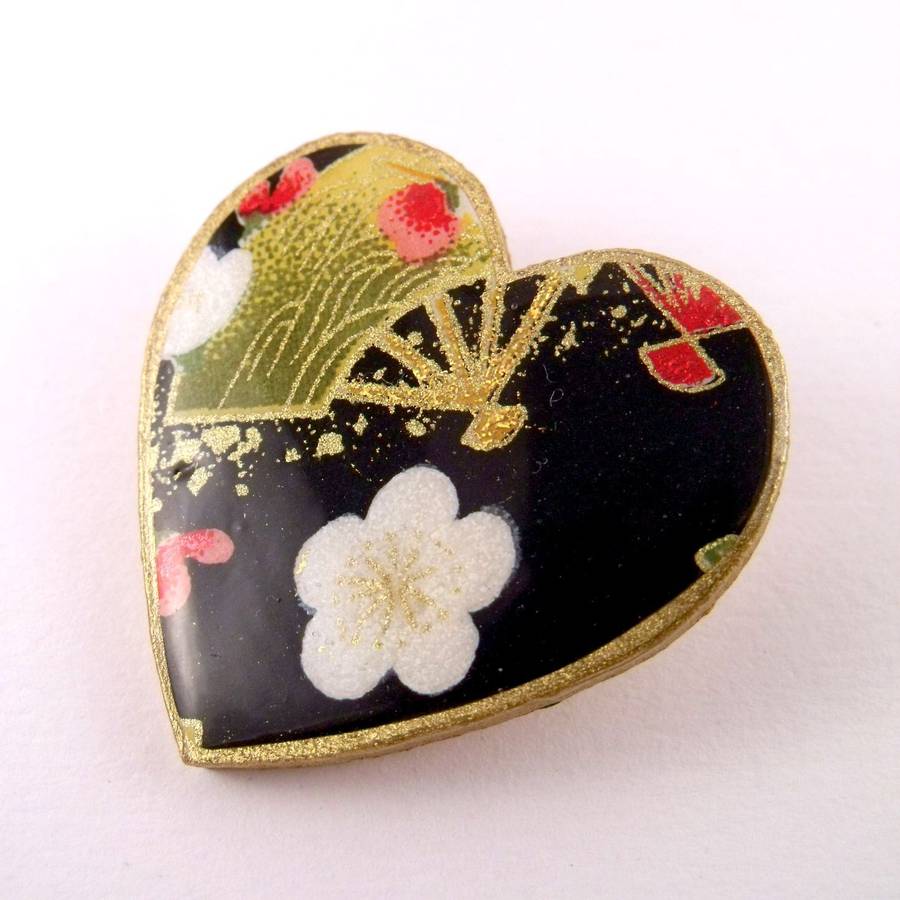 Blossom And Fan Washi Paper Heart Brooch, 1 of 3